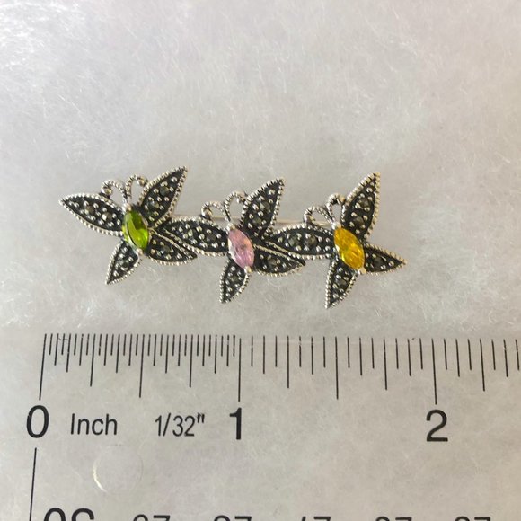 Sterling Silver Marcasite Butterflies Pin w/Green, Pink & Yellow Faceted Crystal - Picture 5 of 6